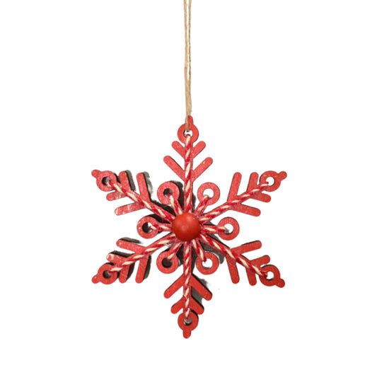 Red Wooden Snowflake with Yarn Center 6" - Red | TA