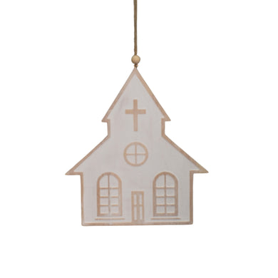 Wooden Whitewash Church Ornament 8.5