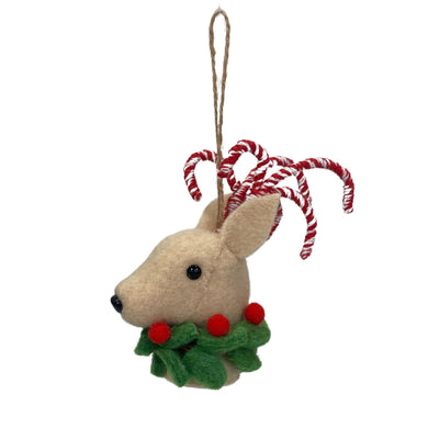 Deer Head Mistletoe Wool Peppermint Antler Ornament 4.75