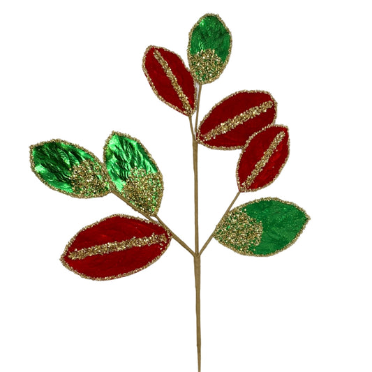 Metallic Velvet Magnolia Leaf Spray - Red/Green 27.5”|TA