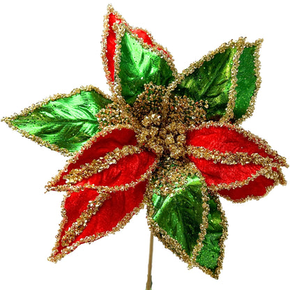 Metallic Velvet Poinsettia Stem - Red/Green 20"|TA