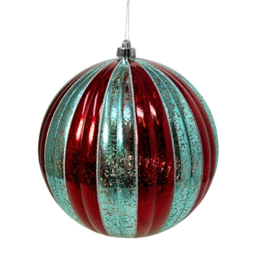 VP Retro Striped Mercury Ball Ornament - Aqua/Red/Silver 4”| XJ