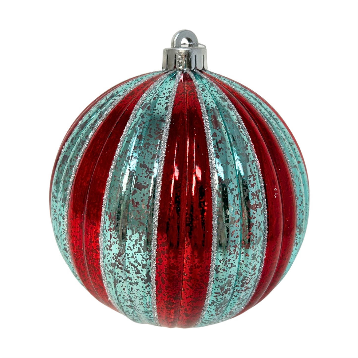 VP Retro Striped Mercury Ball Ornament - Aqua/Red/Silver 6” | XJ