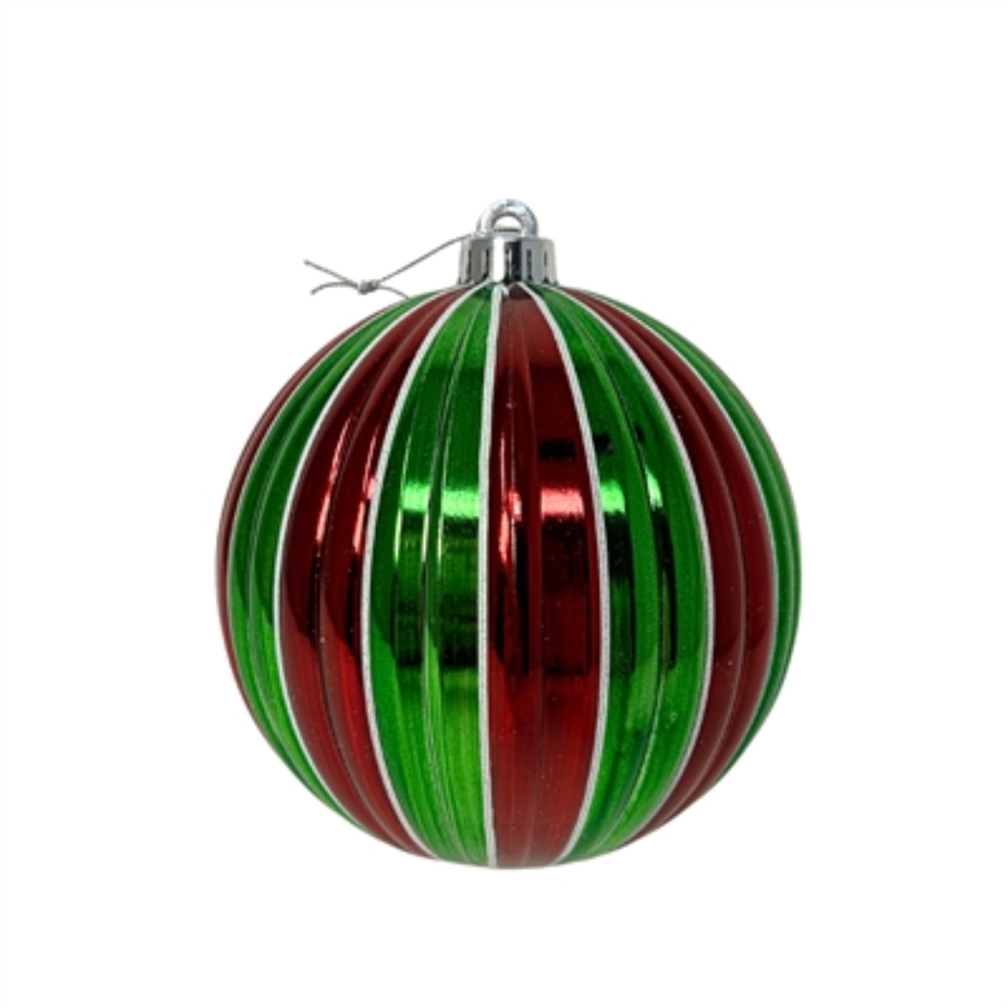 VP Vertical Striped Metallic Ball Ornament - Red/White/Green 4” | XJ