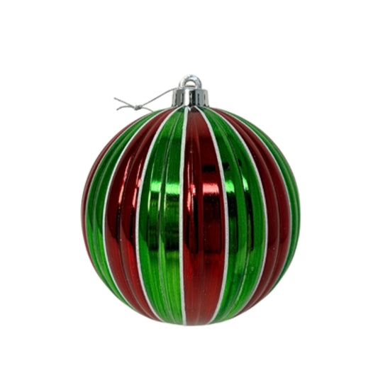 VP Vertical Striped Metallic Ball Ornament - Red/White/Green 4” | XJ