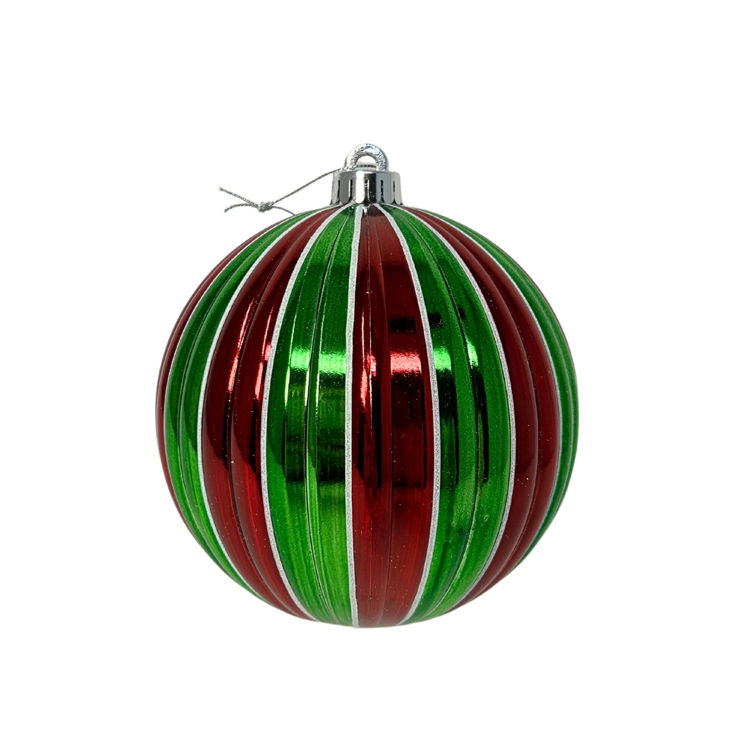 VP Vertical Striped Metallic Ball Ornament - Red/Green/White 6” | XJ