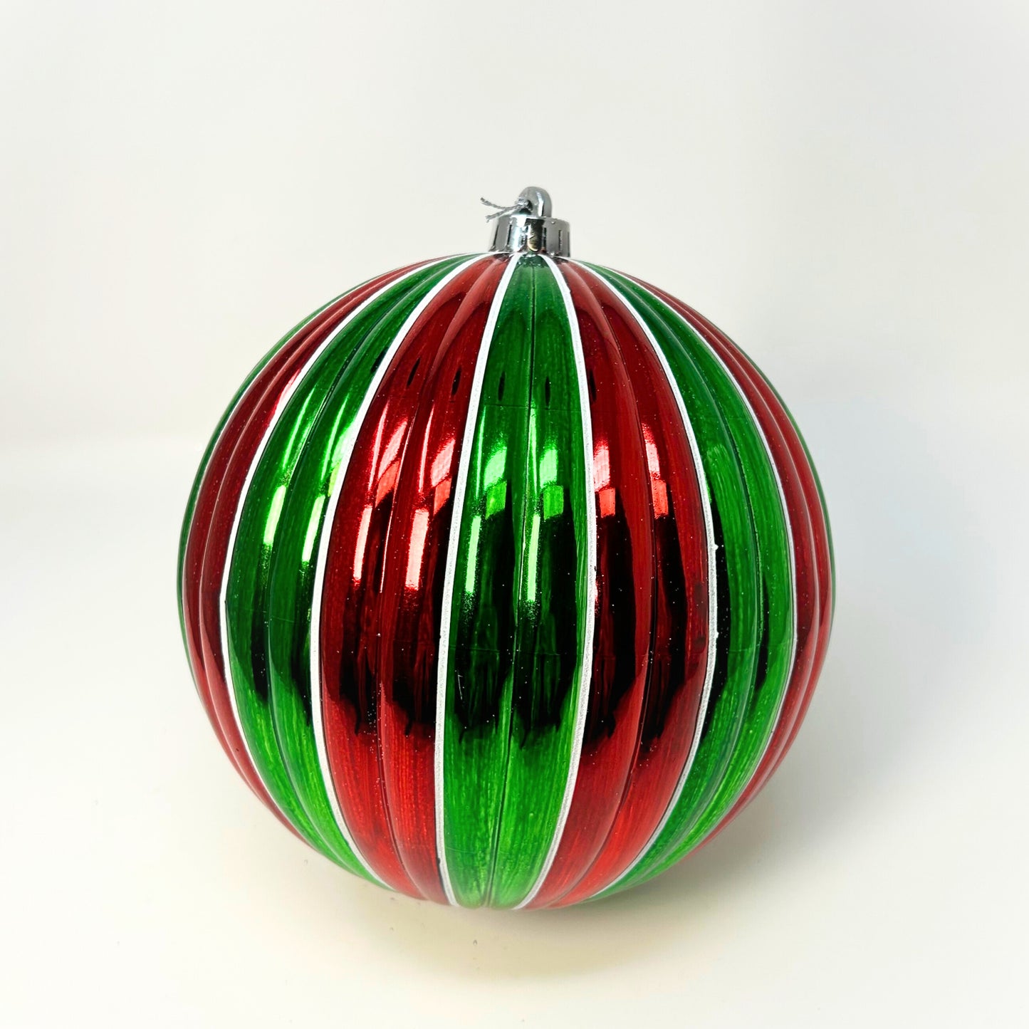 VP Vertical Striped Metallic Ball Ornament - Red/Green/White 6” | XJ