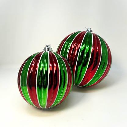 VP Vertical Striped Metallic Ball Ornament - Red/Green/White 6” | XJ