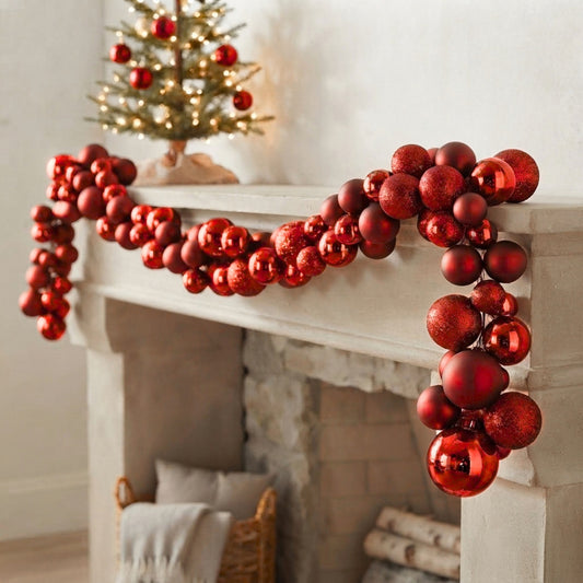 70.8" Blood Red Plastic Ball Garland/Shiny/Matte/Mercury/Glitter Finish w/ 70mm - 100mm Balls | LC