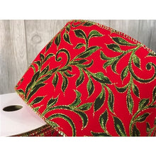 Load image into Gallery viewer, 4&quot;X10Yd Printed Leaf Vine On Velvet Ribbon - Red/Green/Gold | YT