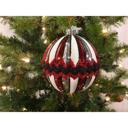 4" Glitter Zig Zag Stripe Ball Ornament in Red/Silver/White/Black | XJB