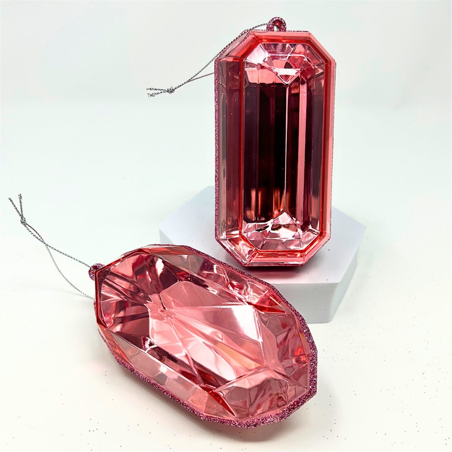 Acrylic Rnd/Oblng Precious Gem Ornament (Set of 2) - 5" - Pink | RO
