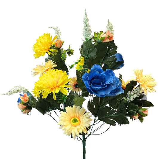 Rose/Mum/Gerbera Bush x24 - Yellow/Coral/Blue | SXE
