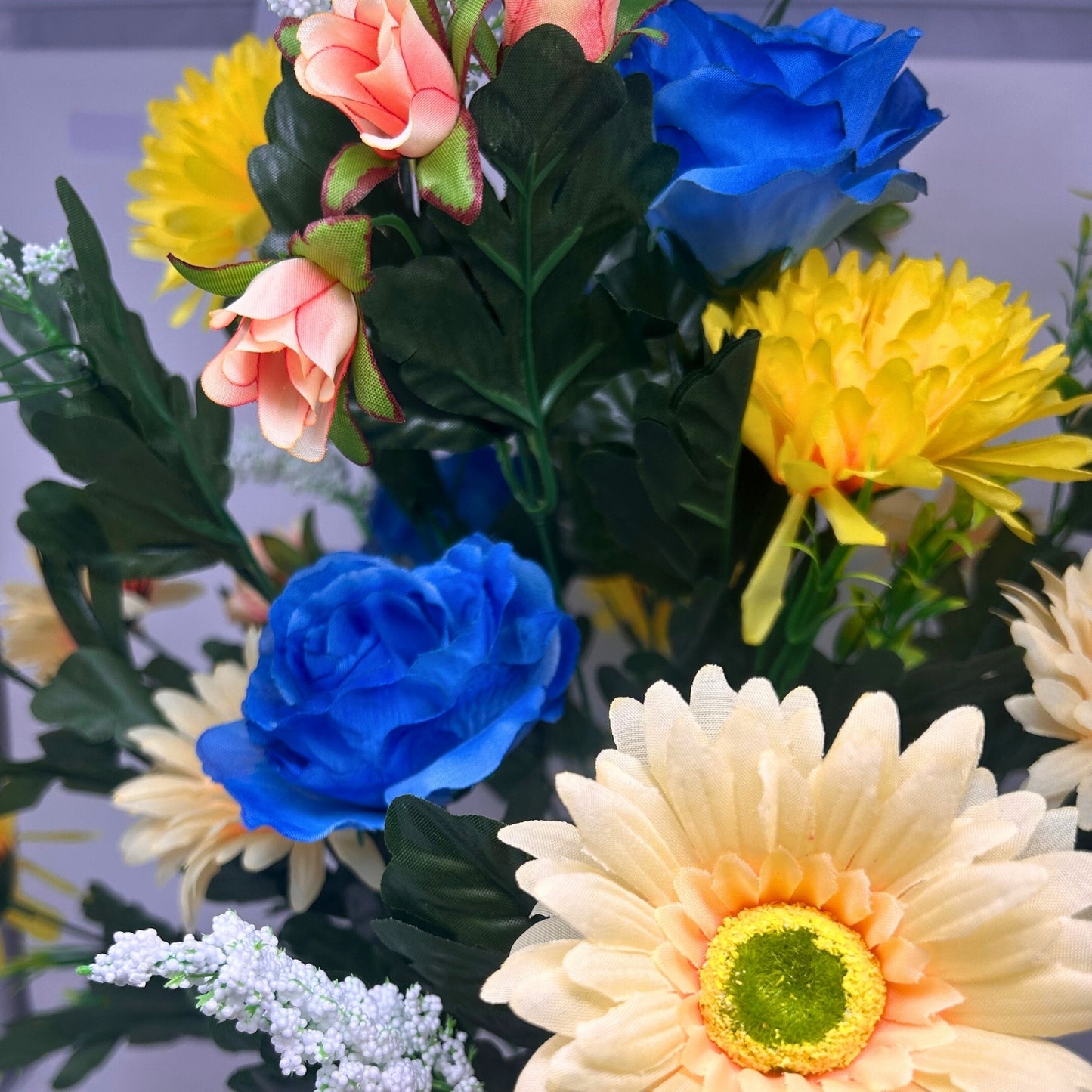 Rose/Mum/Gerbera Bush x24 - Yellow/Coral/Blue | SXE