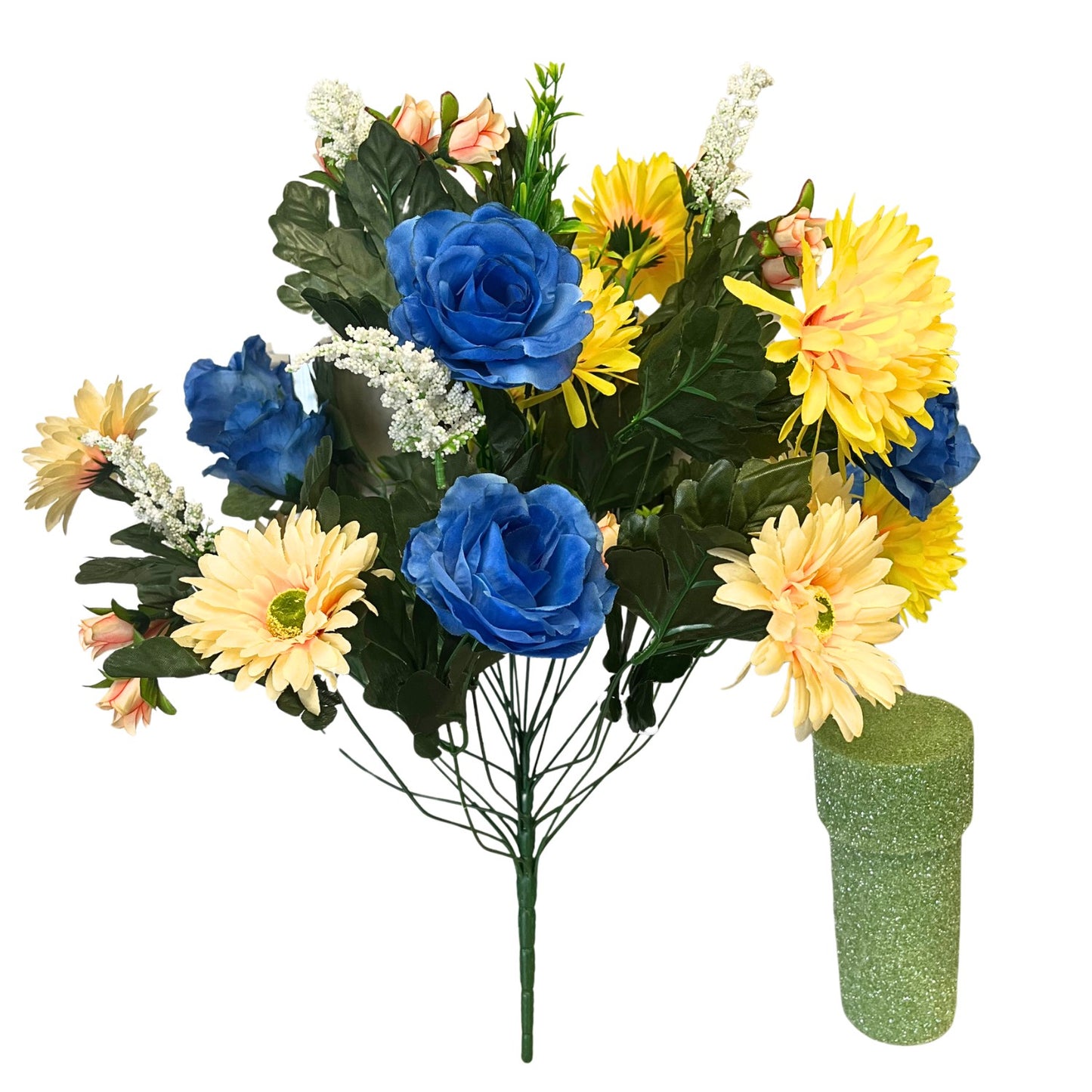 Rose/Mum/Gerbera Bush x24 - Yellow/Coral/Blue | SXE