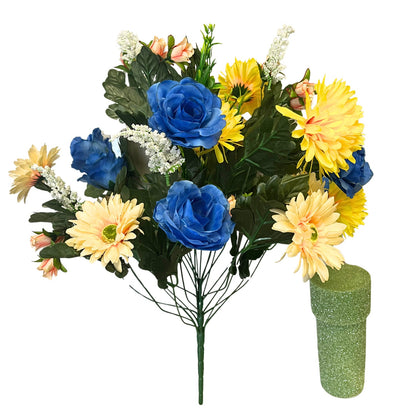 Rose/Mum/Gerbera Bush x24 - Yellow/Coral/Blue | SXE
