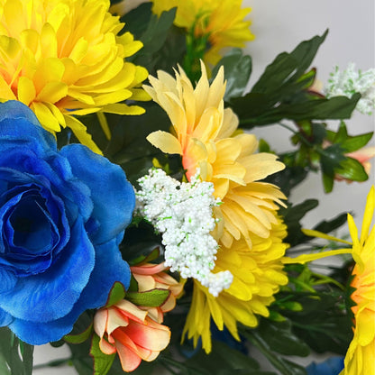 Rose/Mum/Gerbera Bush x24 - Yellow/Coral/Blue | SXE