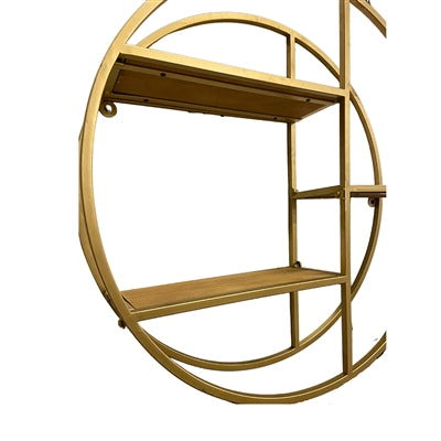 Round Metal and Wood Wall Shelf in Gold