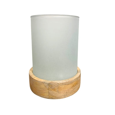 Modern Frosted Glass Candle Holder w/ Wooden Base 6" H x 4.5"Dia | SB