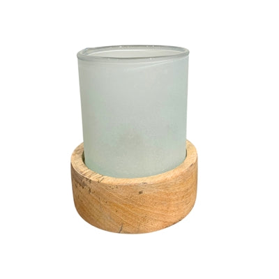 Modern Frosted Glass Candle Holder w/ Wooden Base 4.5" H  x 3.5" Dia | SB