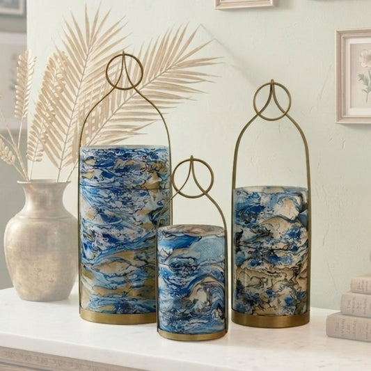 Navy Gold Watercolor Glass Candle Holder 18" H x 6" Dia | SB