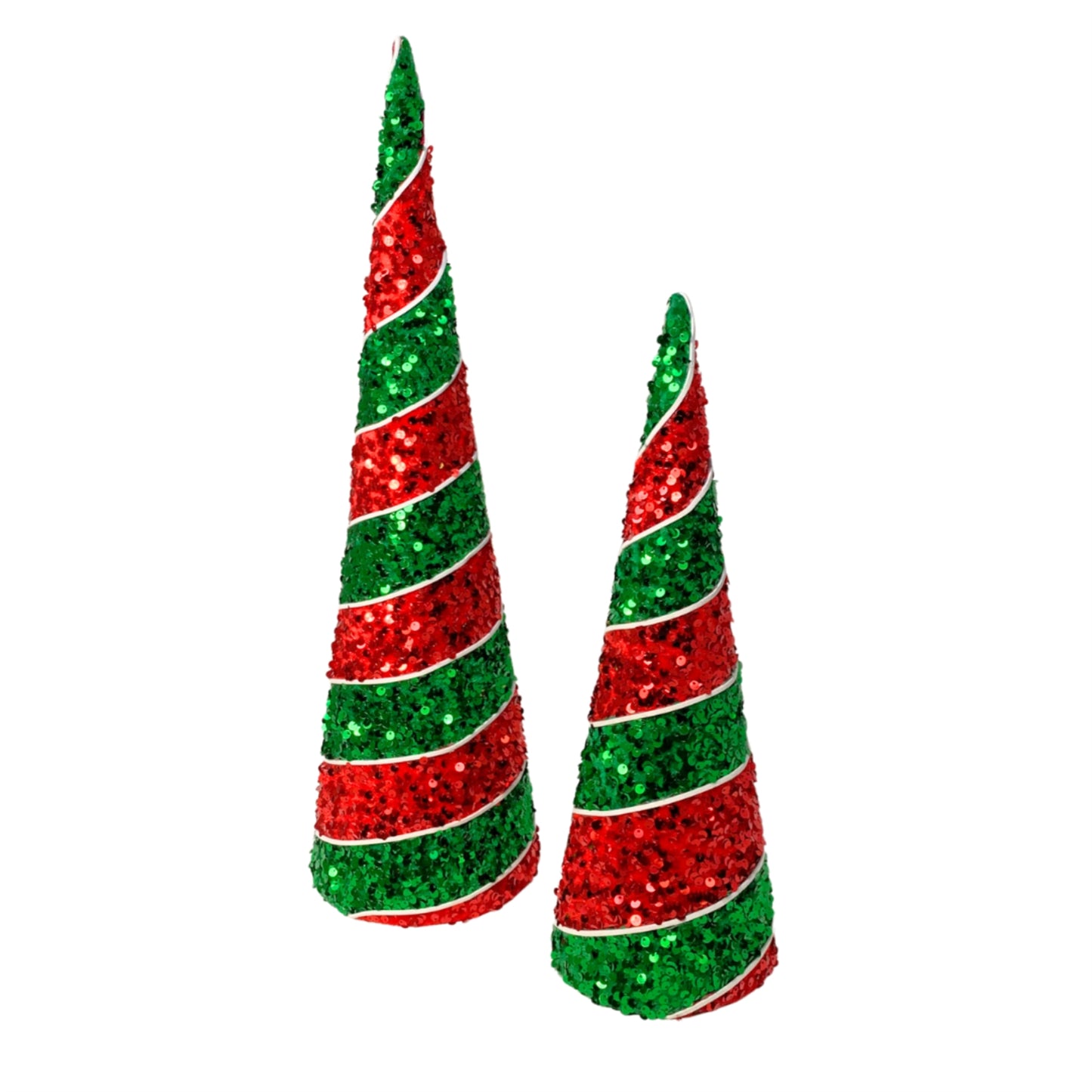 Red/White/Green Sequin Striped Cone Set of 2 L: 20.25"H, S: 15"H |KS