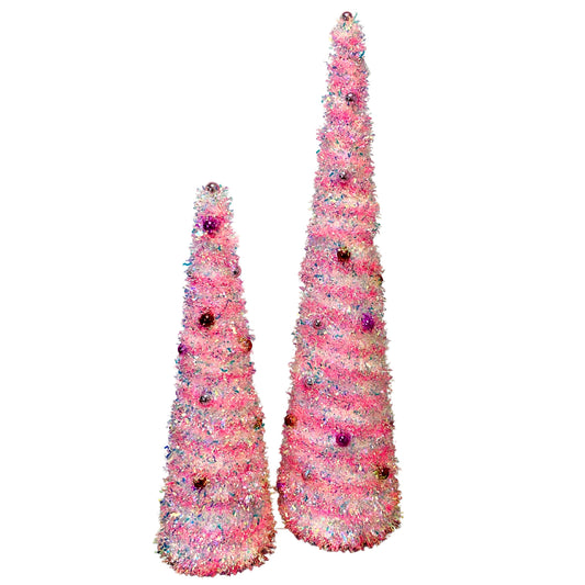 Metallic Tinsel Mini Ball Cone Tree Set of 2 - Pink L: 35.5" H, S: 23.5" |KS