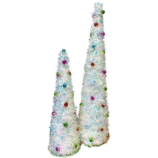 Metallic Tinsel Mini Ball Cone Tree Set of 2 - Iridescent L: 35.5" H, S: 23.5" |KS