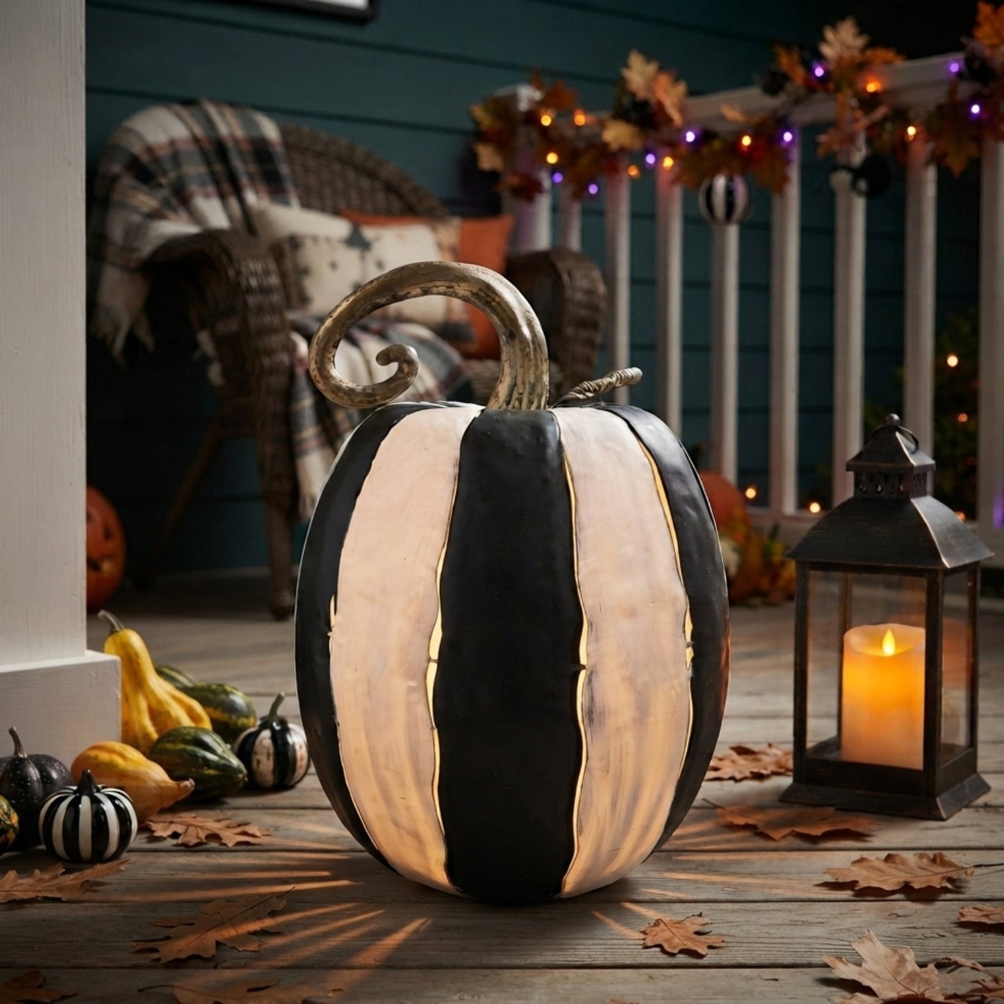 Metal Cut Out Pumpkin Lantern 20" Black/White | FH