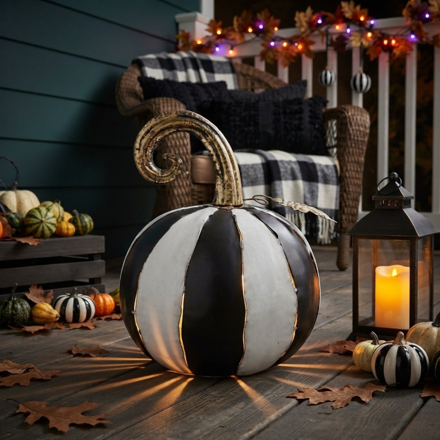 Metal Cut Out Pumpkin Lantern 14.25" Black/White | FH