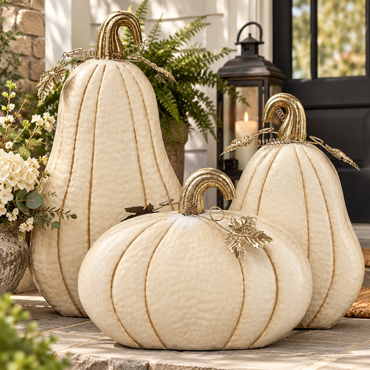 Metal Pumpkins Antiqued Cream (set of 3) - 19.25", 21.25", 27" | FH