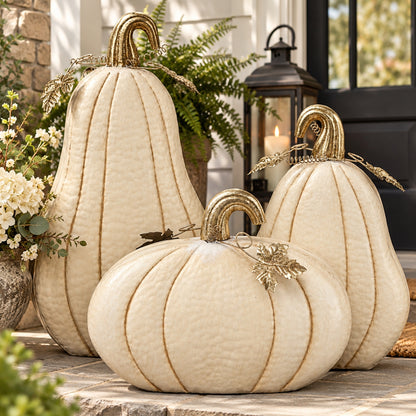Metal Pumpkins Antiqued Cream (set of 3) - 19.25", 21.25", 27" | FH