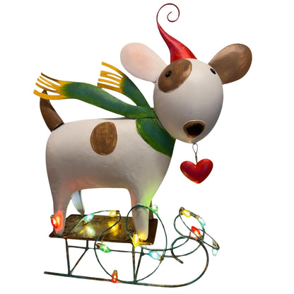 Metal Color Pop Christmas Dog on Sled w/ LED Lights 15.5" | FH