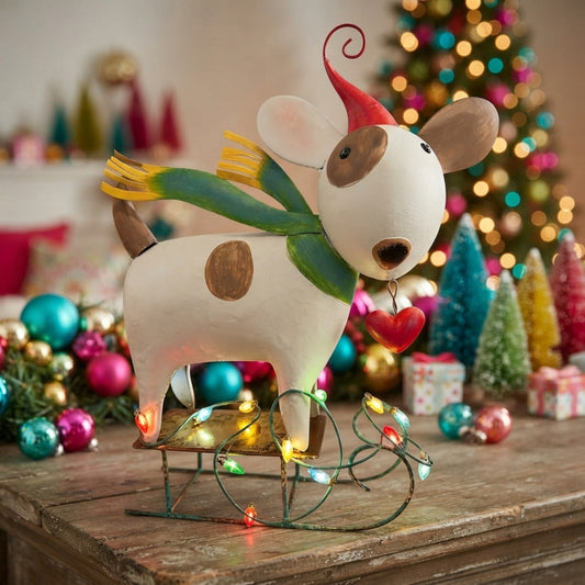 Metal Color Pop Christmas Dog on Sled w/ LED Lights 15.5" | FH