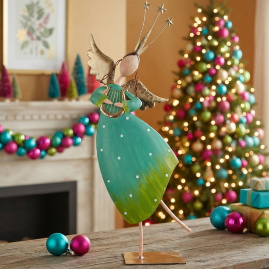 Metal Standing Whimsical Angel w/ Harp 22.5" | FH