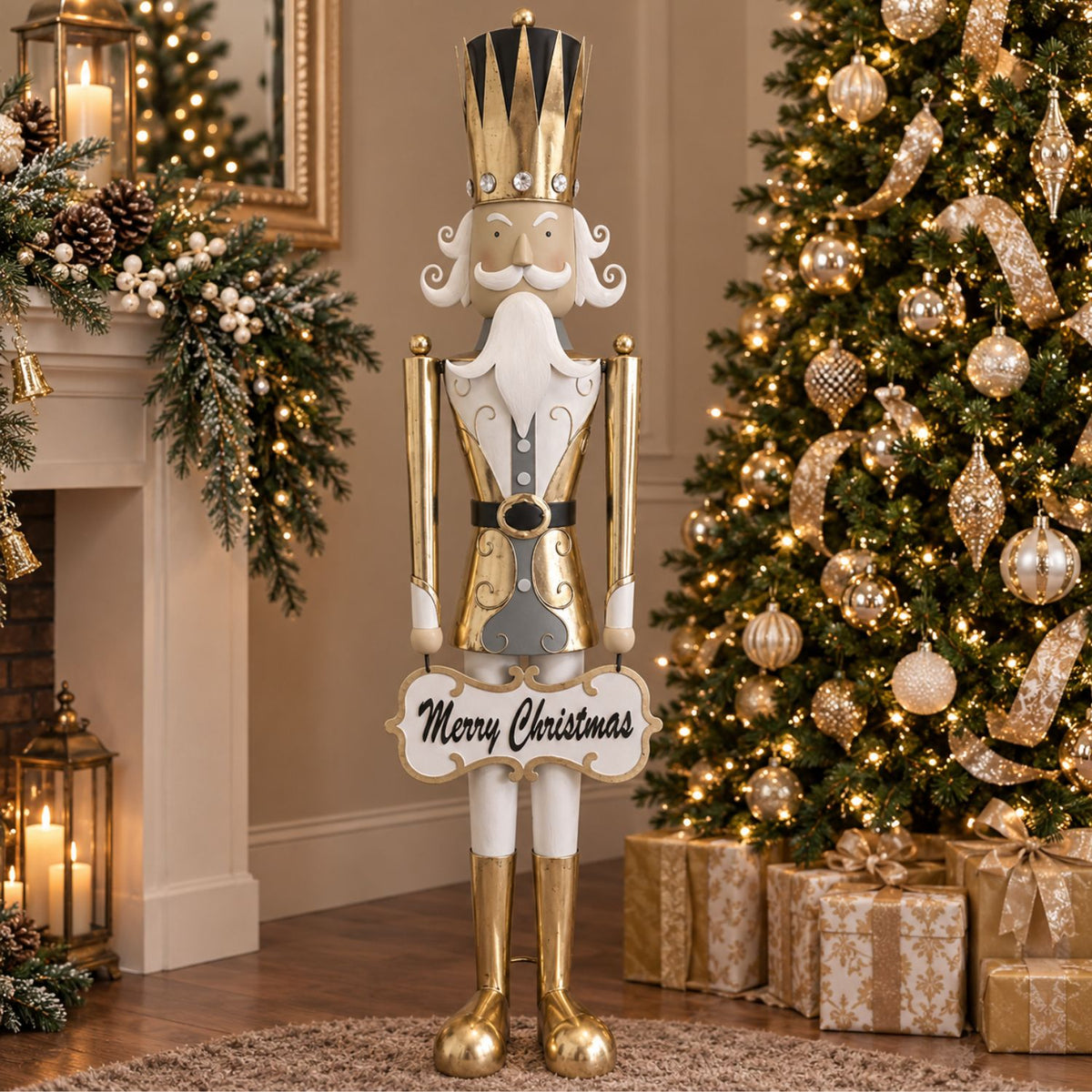 Metal Gilded Gold Nutcracker w/ Merry Christmas Sign 65" | FH