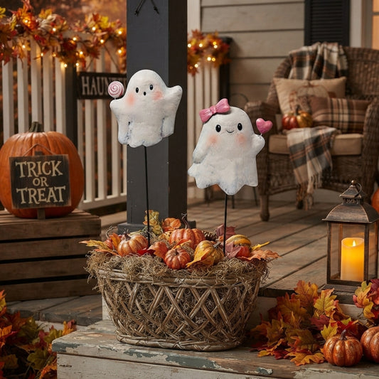 Cutesy Metal Ghost on Stake (set of 2) - 6"/5" | FH