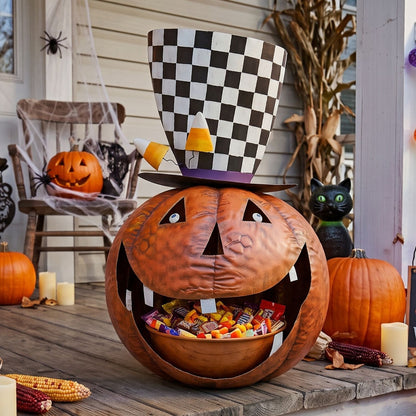 Metal Crazy Halloween Pumpkin w/ Planter Hat and Mouth Ready For Candy 28.75" | FH