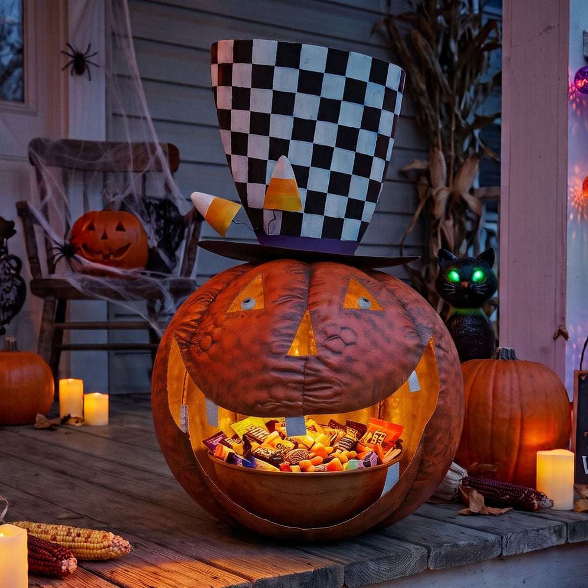 Metal Crazy Halloween Pumpkin w/ Planter Hat and Mouth Ready For Candy 28.75" | FH