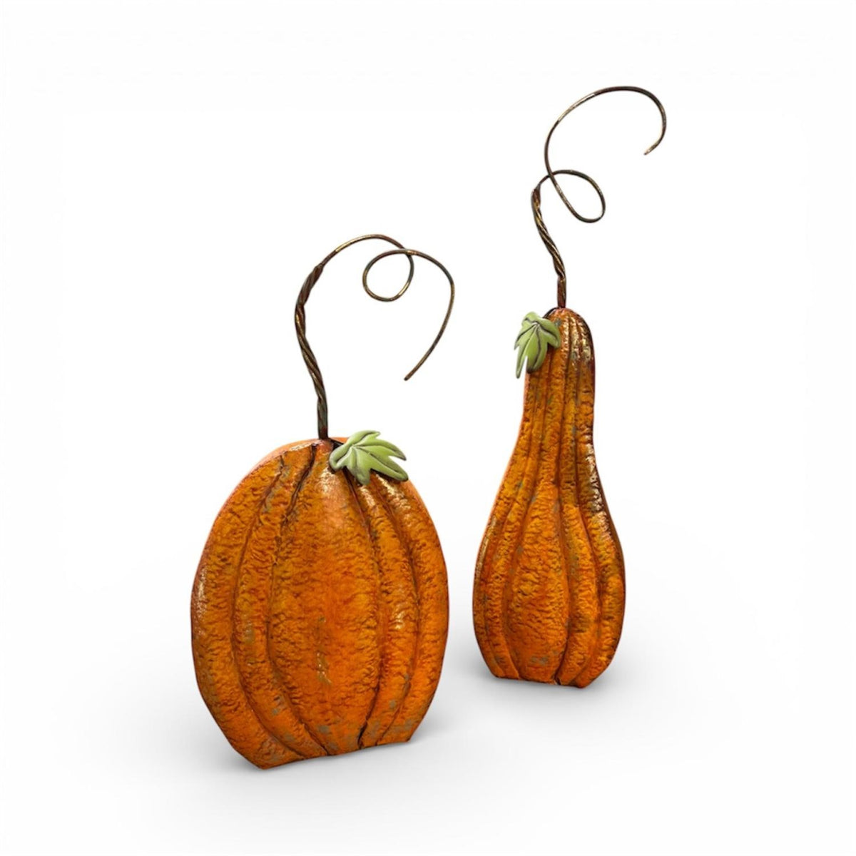 Perfect antiqued Orange Metal Pumpkin w/ Metallic Leafing (set of 2) 33.5", 43.5" | FH