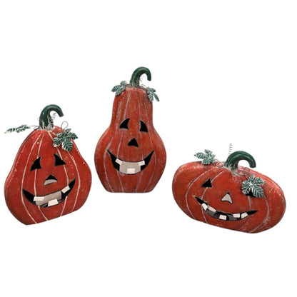 Metal Jack O Lantern Pumpkins w/ candle Holder Inside Rustic Orange (set of 3) - 19", 15", 21" | FH
