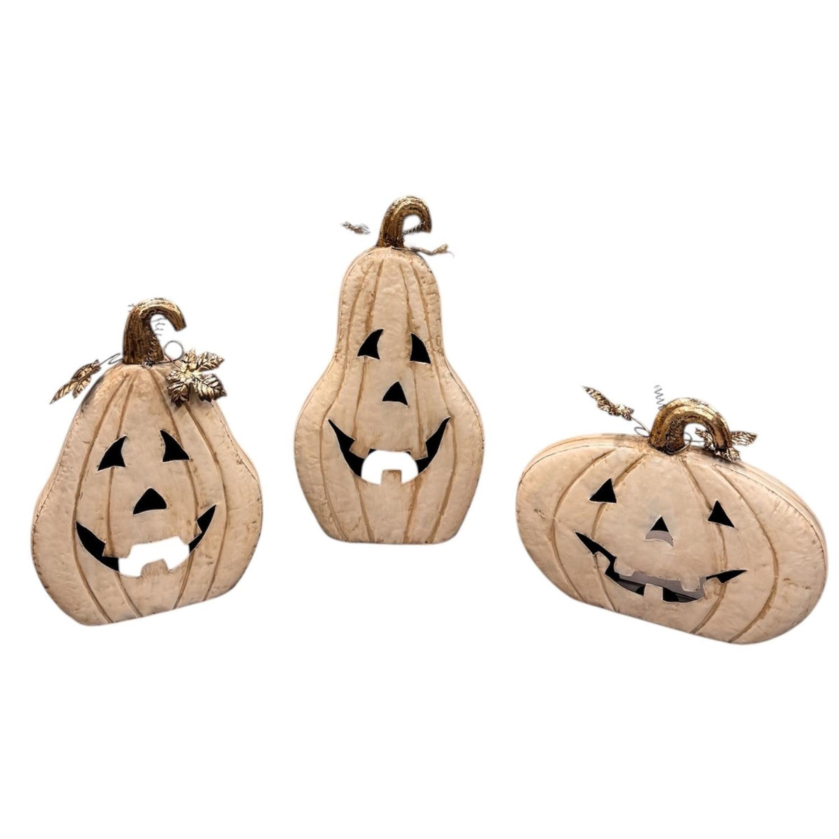 Metal Jack O Lantern Pumpkins w/ candle Holder Inside Antiqued Cream (set of 3) - 19", 15", 21" | FH