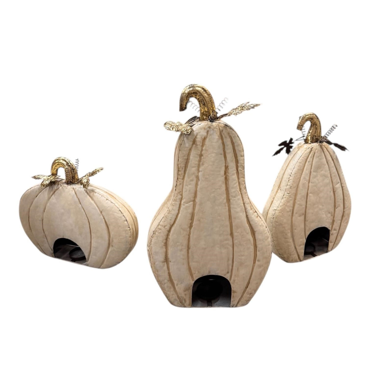 Metal Jack O Lantern Pumpkins w/ candle Holder Inside Antiqued Cream (set of 3) - 19", 15", 21" | FH