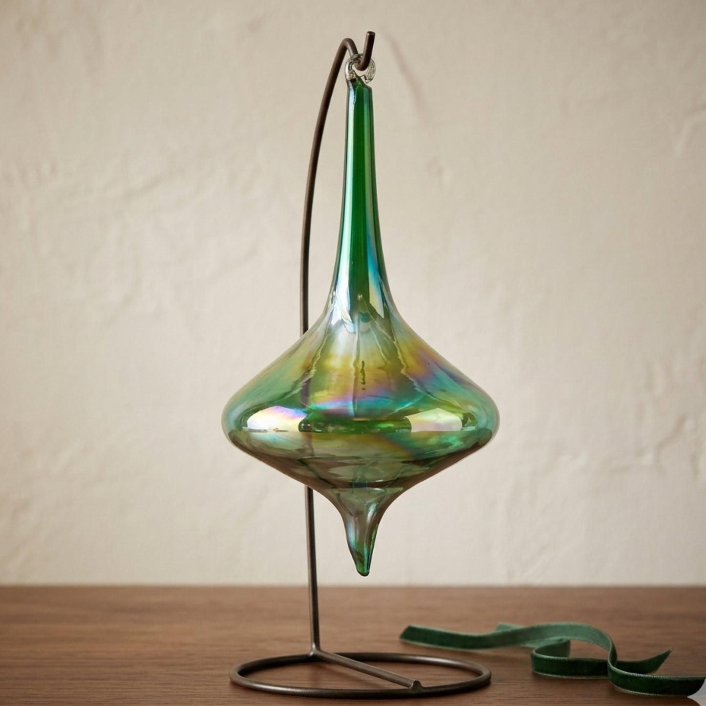 Iridescent Glass Finial Ornament 7" x 3.5" in Iridescent Green