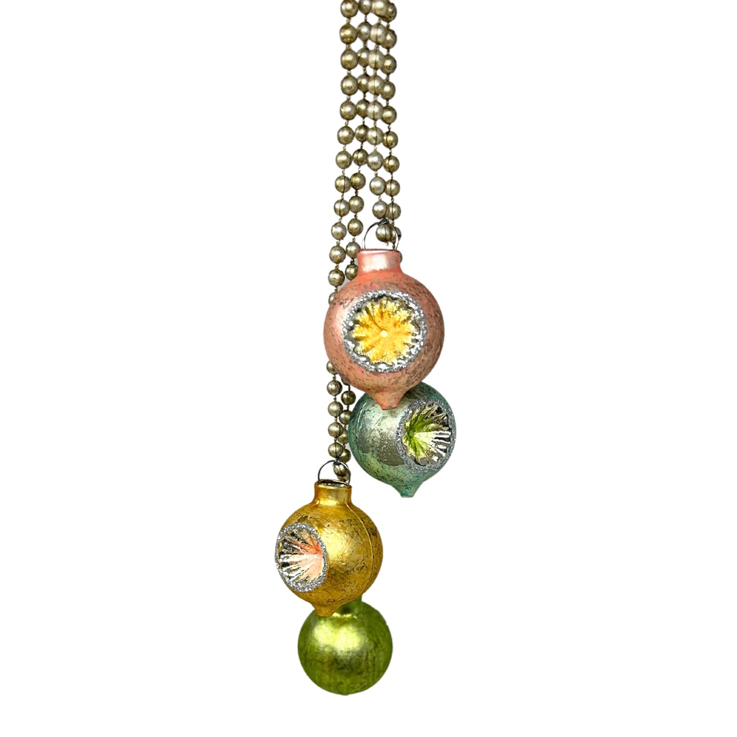 Mercury Glass and Bead Dangling Ornament - Antique Gold Green Aqua Coral 9.5” | LC