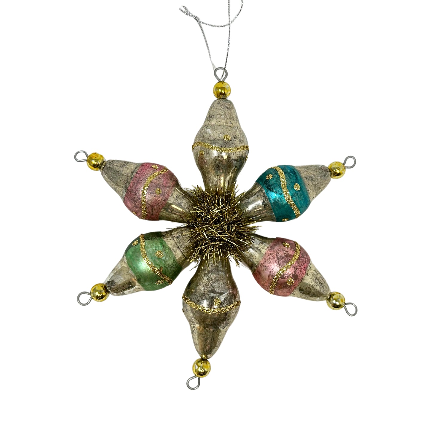 Funky Antique Glass Star Christmas Ornament with Tinsel 7" in Multi | LC