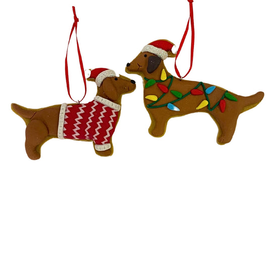 Decked out Weenie Dog Ornament Asst. x2 - 4-4.5" x 3-3.25" | YK