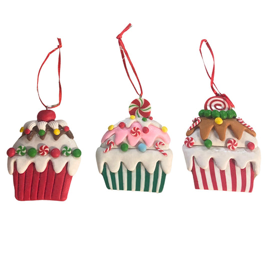 Christmas Cupcake Orn. Set of 3 - 3"H x 2.5"W  | YK