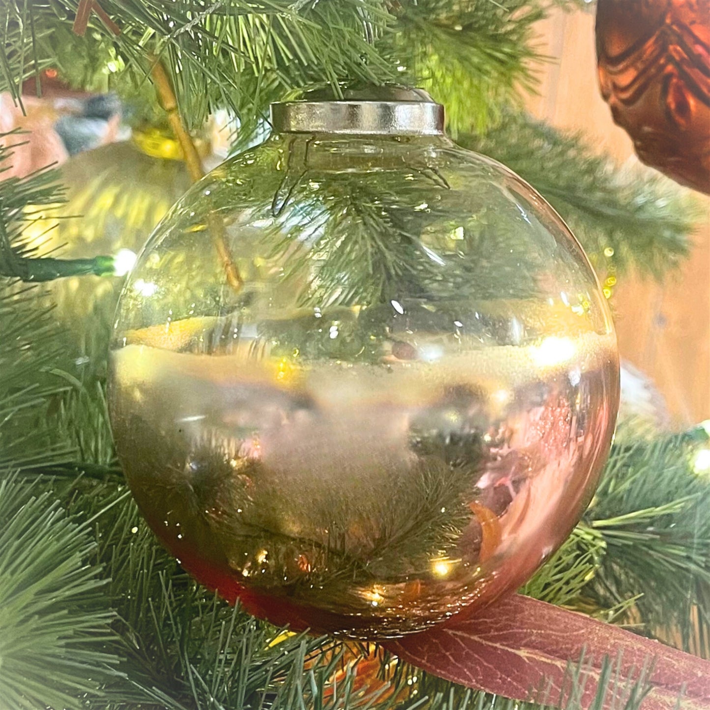 Hall Clear and Half Rose Gold Glass Ball Ornament 6” | SB