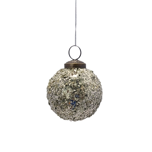 Textured Sequin Glass Ball Orn. - 3" Silver/Platinum | SB